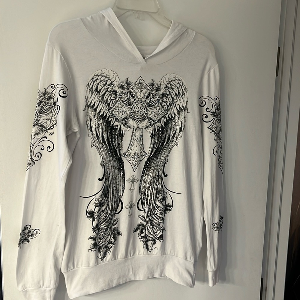 Rhinestone hooded wings and cross long sleeve top